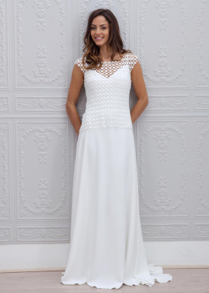 Two Piece Ivory Floral Lace Chiffon Long Wedding Dress